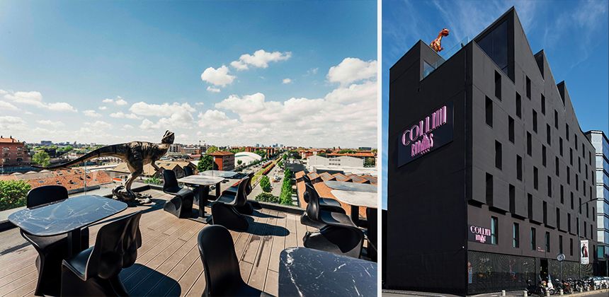 Gli esterni di Collini Rooms, con vista sull’area di Taliedo–via Mecenate, storicamente legata alle Officine Aeronautiche Caproni, uno dei luoghi simbolo dell’aviazione milanese.