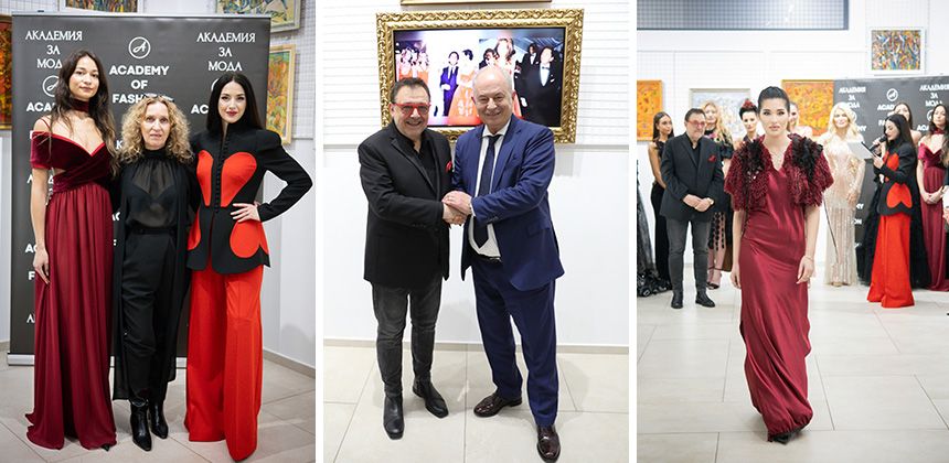 Nicoleta Farhat insieme alle sue modelle; S.E. Marcello Apicella con il prof. Ljubomir Stoykov; un suggestivo momento della sfilata.