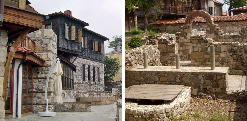 A sinistra, casa a pietra e legno dal XVIII secolo. A destra, antiche rovine a Sozopol